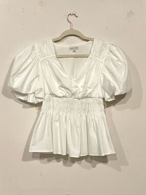 Moon River White Puff-Sleeve Smocked Peplum Top